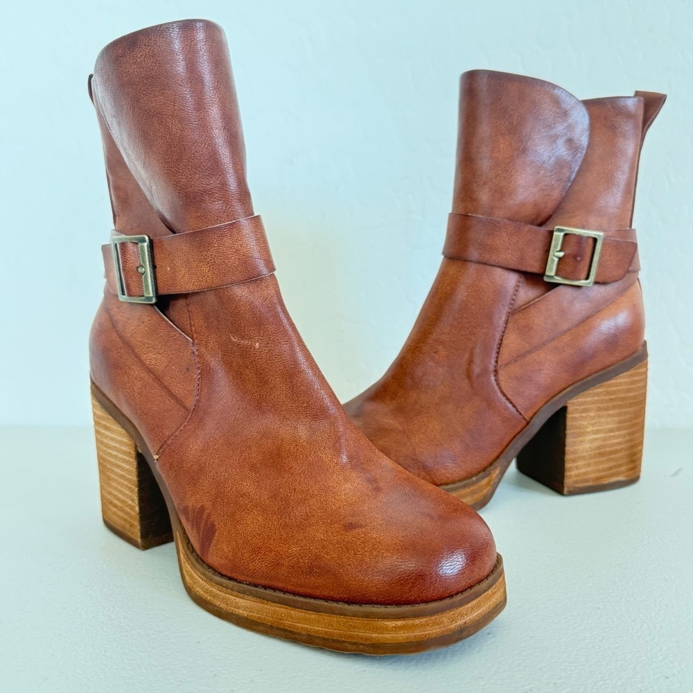 NEW Korks by Kork Ease Marci British Tan Faux Leather Chunky Bootie Size 6M